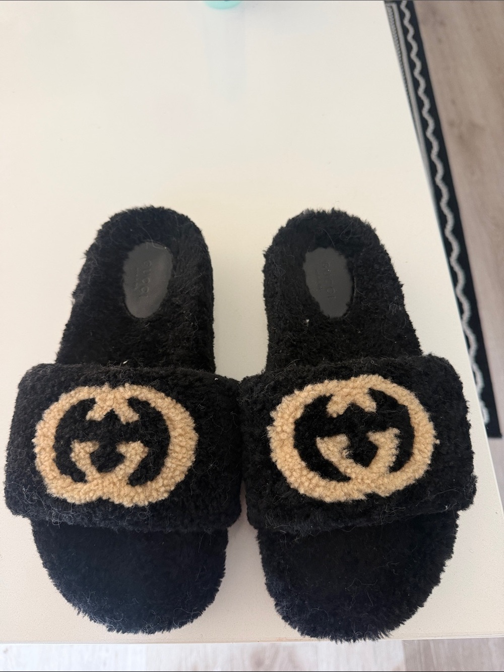 Gucci Black Fuzzy Slide Sandals with Cream Logo